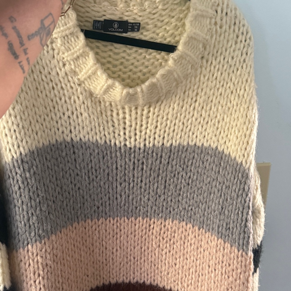 Volcom Women's Striped Knit Sweater - Cream, Gray, Tan, Brown